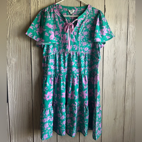 Umgee Green & Pink Floral Ruffle Dress Swim Coverup Size Large - Picture 4 of 5